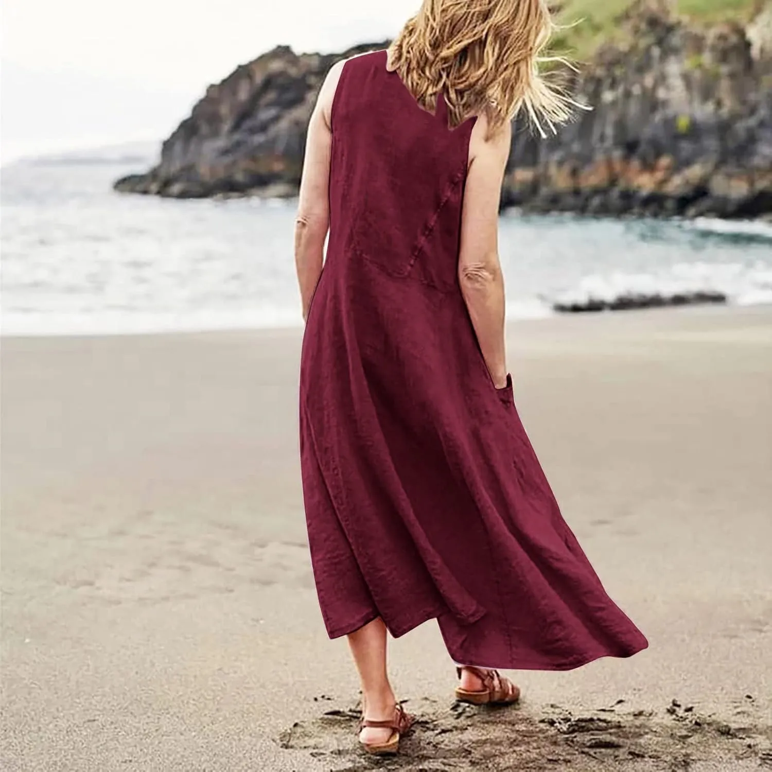 Linen Dress for Women Summer Sleeveless Solid Casual Baggy Flowy Maxi Dresses Plus Size Sundress with Pockets