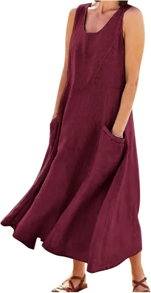 Linen Dress for Women Summer Sleeveless Solid Casual Baggy Flowy Maxi Dresses Plus Size Sundress with Pockets