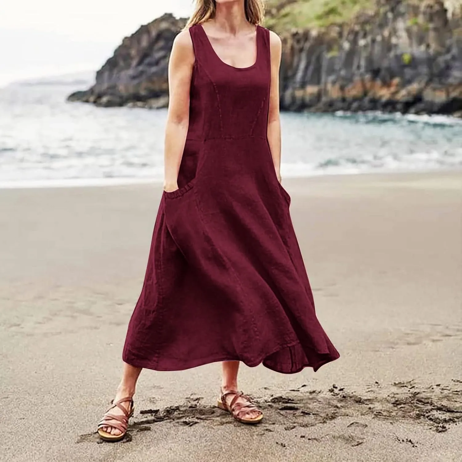 Linen Dress for Women Summer Sleeveless Solid Casual Baggy Flowy Maxi Dresses Plus Size Sundress with Pockets