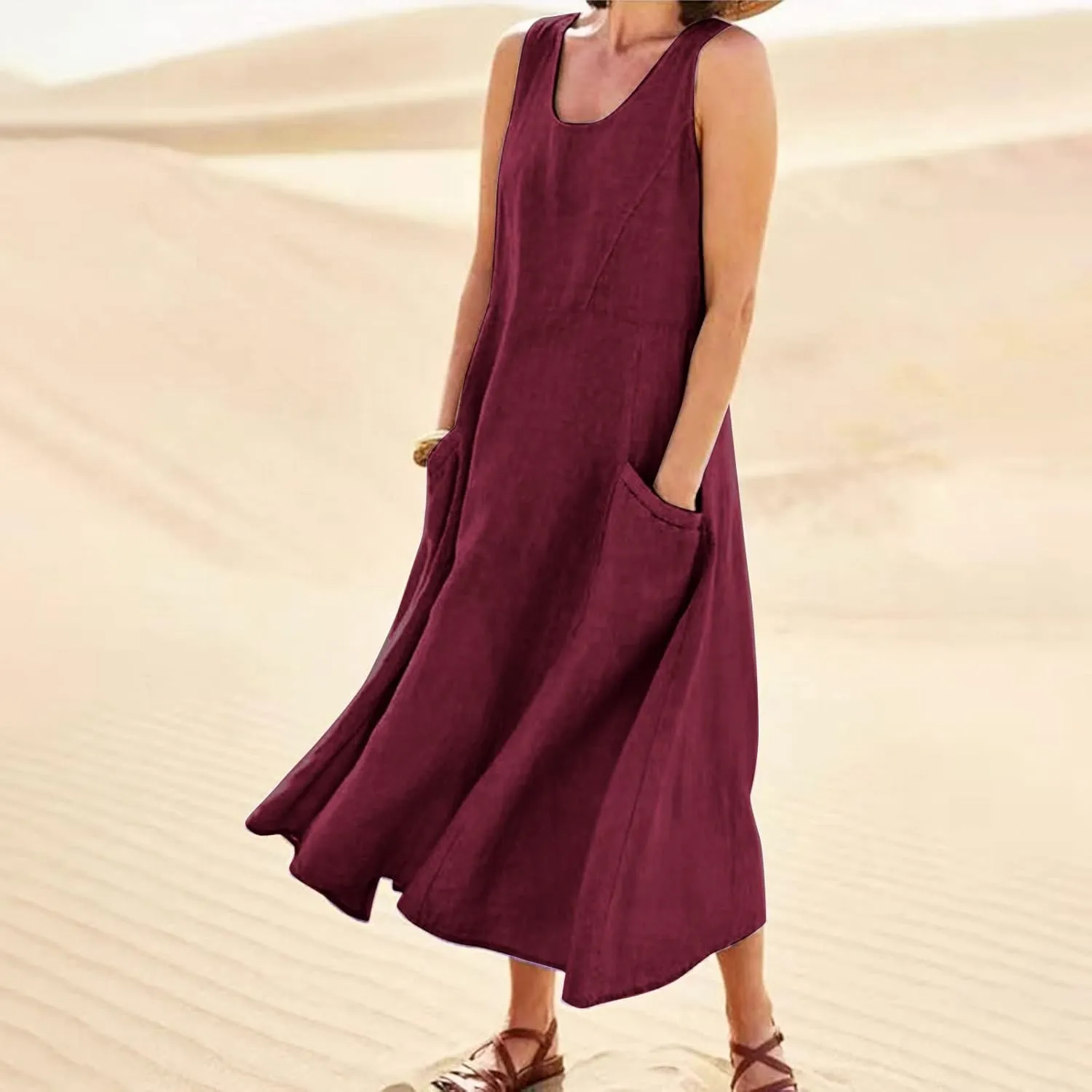 Linen Dress for Women Summer Sleeveless Solid Casual Baggy Flowy Maxi Dresses Plus Size Sundress with Pockets