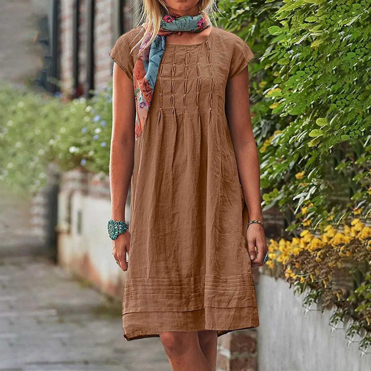 Linen Dress Women 2025 Summer Crew Neck Casual Midi Dress Plus Size Cap Sleeve Pleated Beach Dresses Vacation Outfits