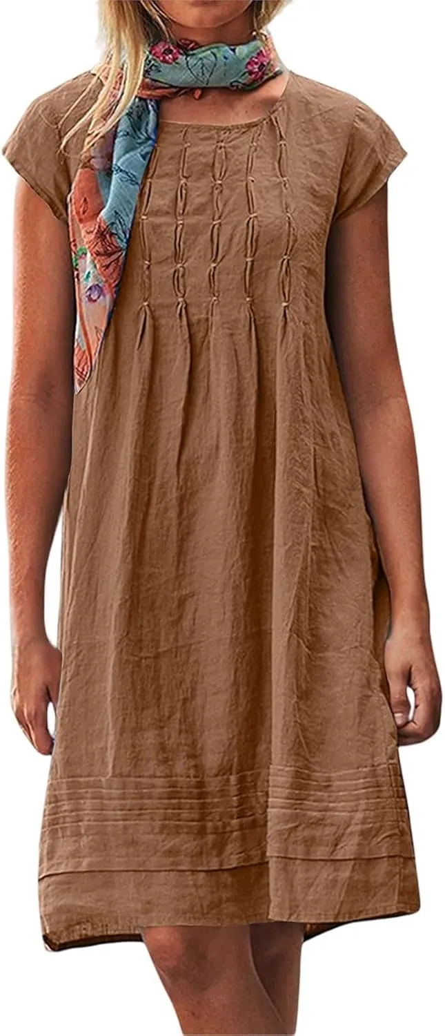 Linen Dress Women 2025 Summer Crew Neck Casual Midi Dress Plus Size Cap Sleeve Pleated Beach Dresses Vacation Outfits