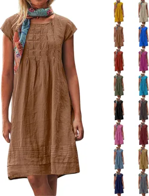 Linen Dress Women 2025 Summer Crew Neck Casual Midi Dress Plus Size Cap Sleeve Pleated Beach Dresses Vacation Outfits