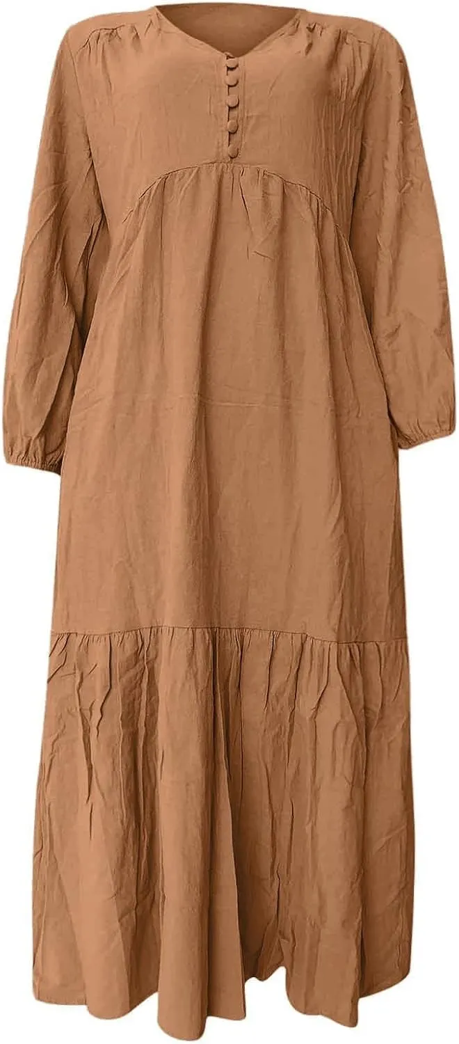 Linen Dress Women Button Front V Neck Long Sleeve Dress Pleated Tiered Ruffle Bottom Maxi Fall Dresses with Pockets
