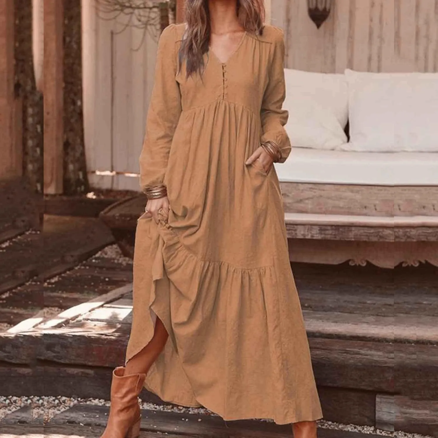 Linen Dress Women Button Front V Neck Long Sleeve Dress Pleated Tiered Ruffle Bottom Maxi Fall Dresses with Pockets