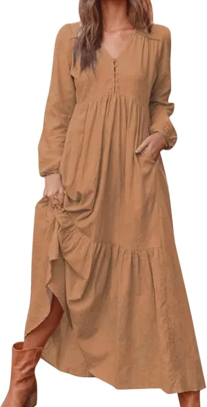 Linen Dress Women Button Front V Neck Long Sleeve Dress Pleated Tiered Ruffle Bottom Maxi Fall Dresses with Pockets