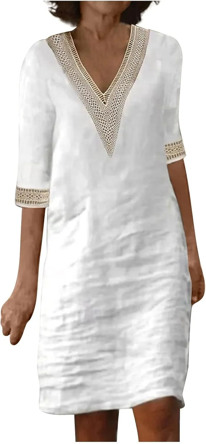 Linen Dresses for Women 2024 Summer 3/4 Sleeve Lace Embroidered V Neck A Line Dress Sexy Beach Vacation T Shirt Dress