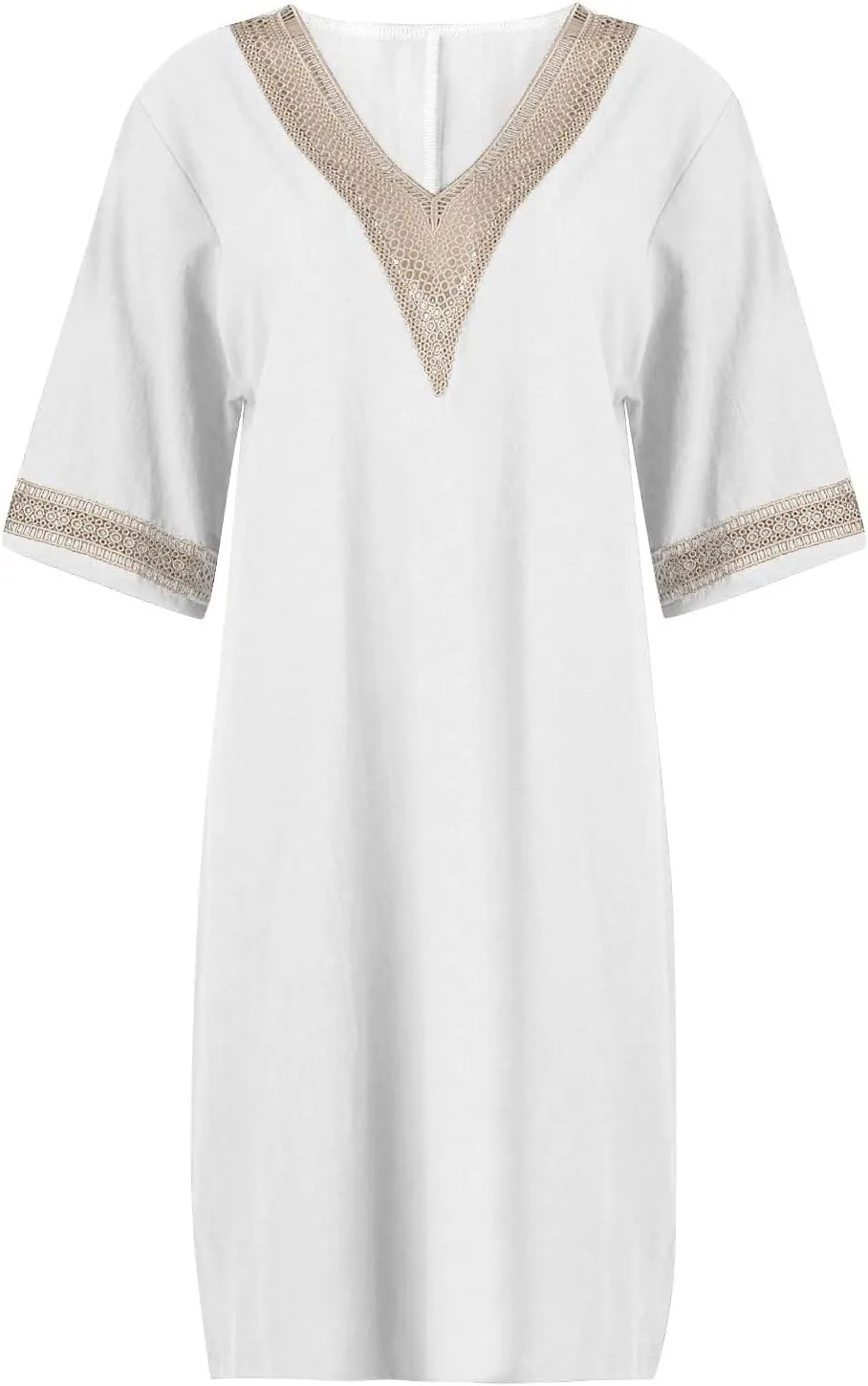 Linen Dresses for Women 2024 Summer 3/4 Sleeve Lace Embroidered V Neck A Line Dress Sexy Beach Vacation T Shirt Dress