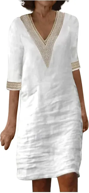 Linen Dresses for Women 2024 Summer 3/4 Sleeve Lace Embroidered V Neck A Line Dress Sexy Beach Vacation T Shirt Dress