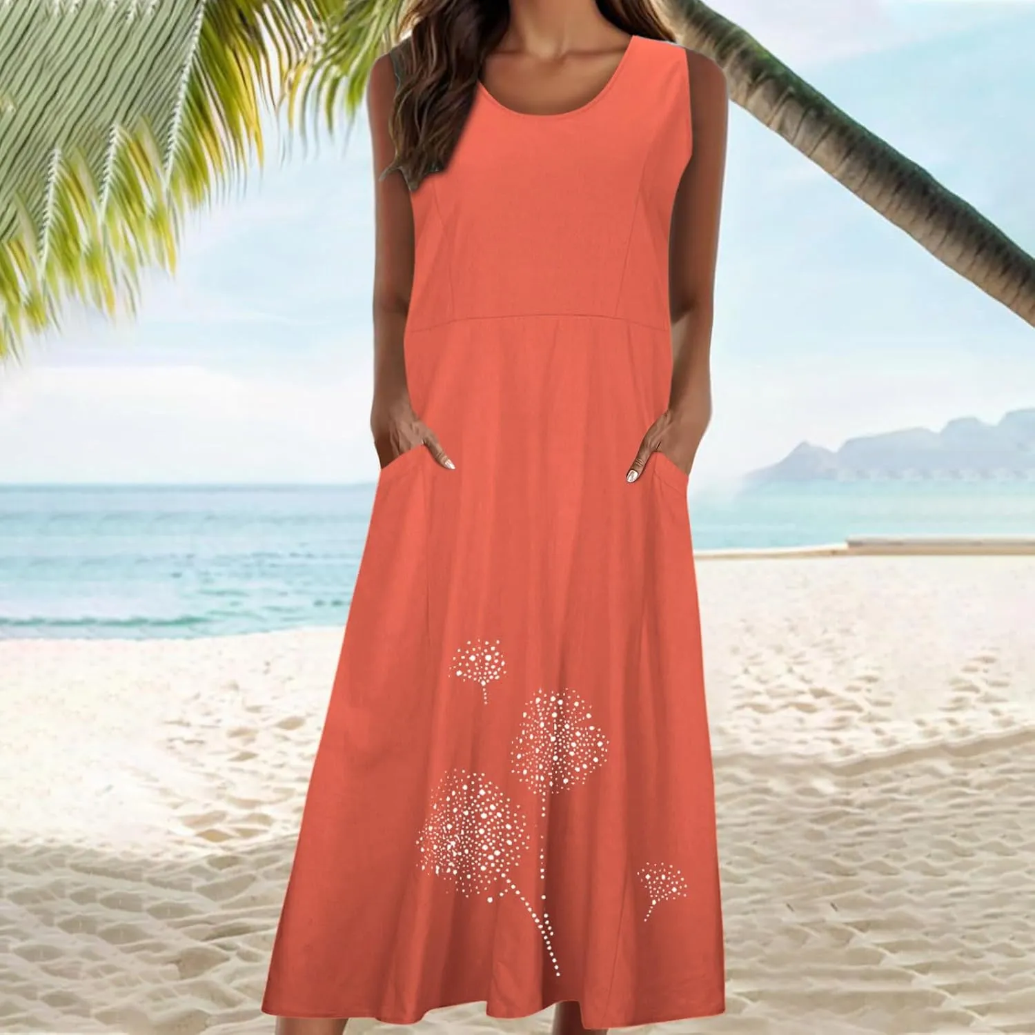 Linen Dresses for Women Summer Sleeveless Maxi Dresses Dressy Casual Crewneck Sun Dresses Trendy Summer Beach Outfits