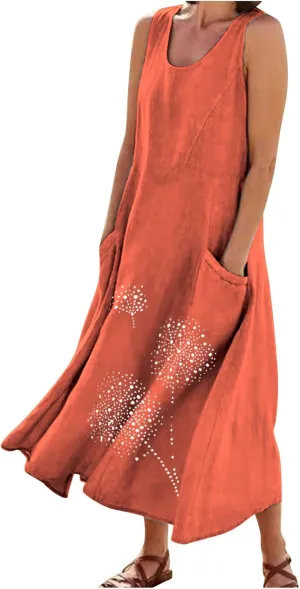 Linen Dresses for Women Summer Sleeveless Maxi Dresses Dressy Casual Crewneck Sun Dresses Trendy Summer Beach Outfits