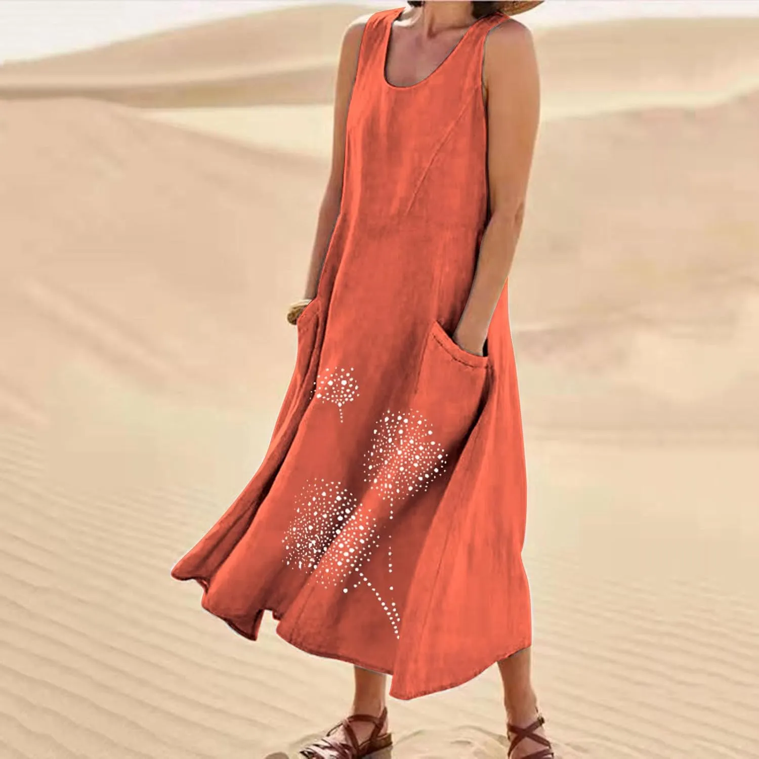 Linen Dresses for Women Summer Sleeveless Maxi Dresses Dressy Casual Crewneck Sun Dresses Trendy Summer Beach Outfits