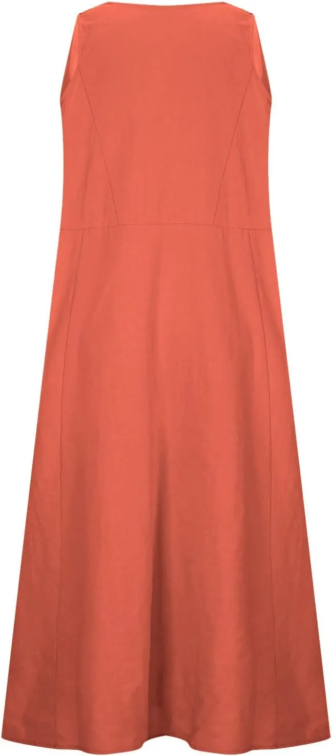Linen Dresses for Women Summer Sleeveless Maxi Dresses Dressy Casual Crewneck Sun Dresses Trendy Summer Beach Outfits