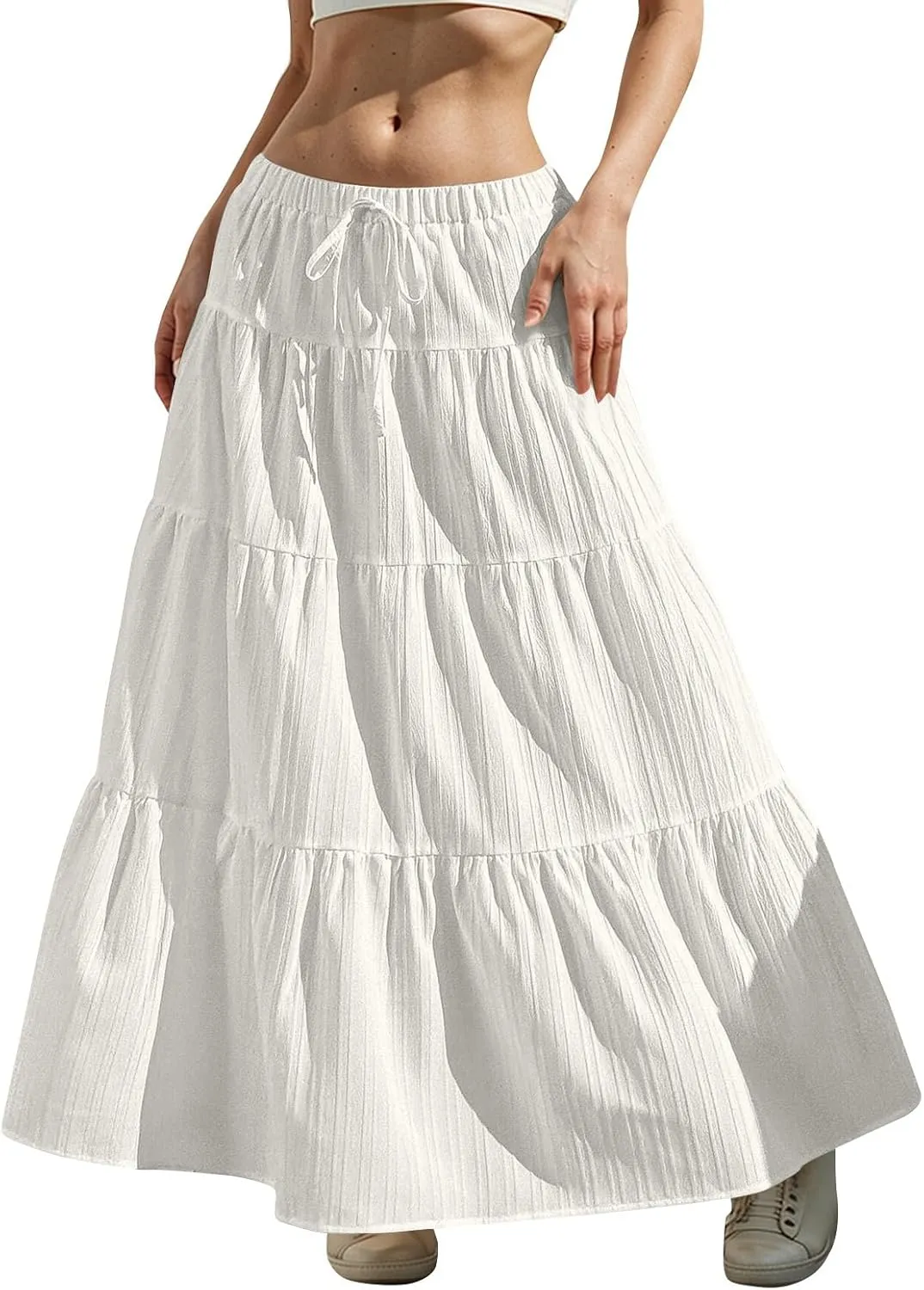 Linen Maxi Skirts for Women Elegant Pleated Tiered A Line Long Skirt Casual Summer Flowy Beach Skirt Vacation Outfits