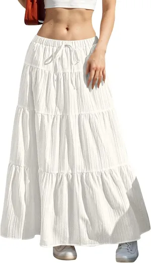 Linen Maxi Skirts for Women Elegant Pleated Tiered A Line Long Skirt Casual Summer Flowy Beach Skirt Vacation Outfits