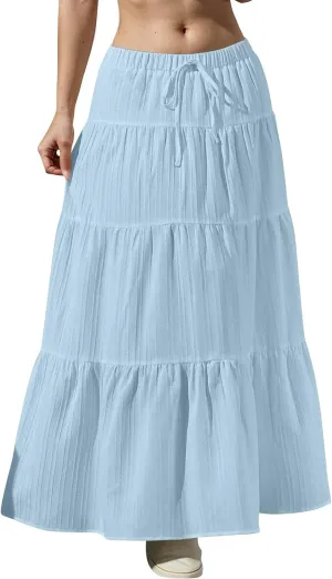 Linen Maxi Skirts for Women Summer Elastic High Waisted A-Line Long Skirt Flowy Tiered Ruffle Casual Boho Midi Skirts
