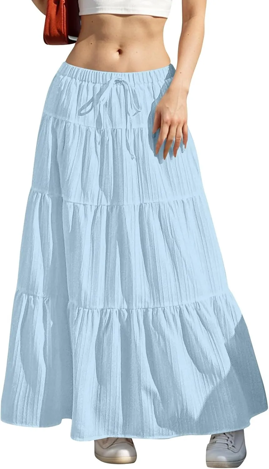 Linen Maxi Skirts for Women Summer Elastic High Waisted A-Line Long Skirt Flowy Tiered Ruffle Casual Boho Midi Skirts