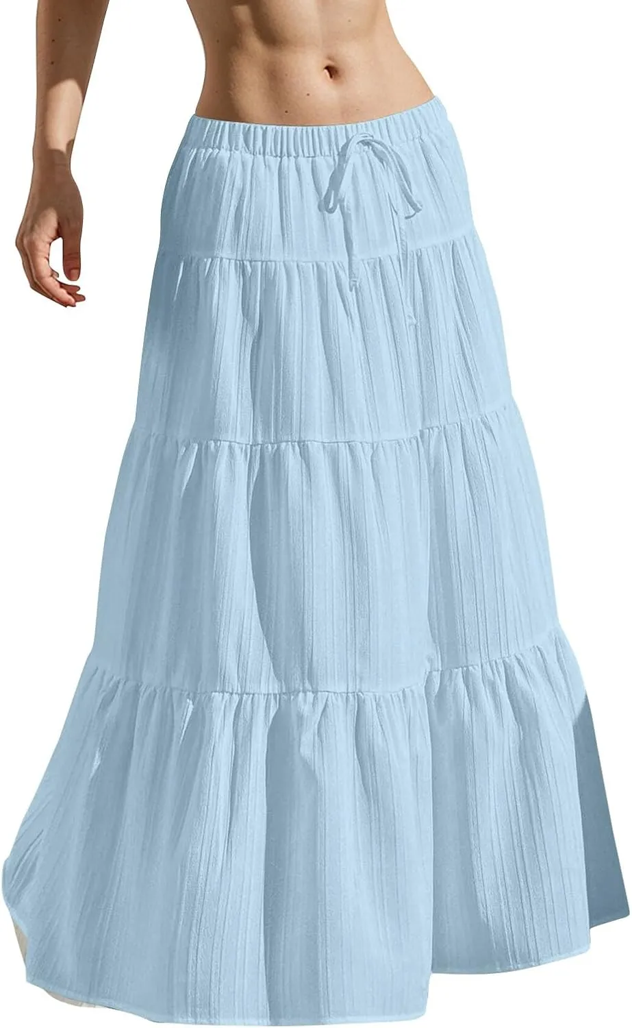 Linen Maxi Skirts for Women Summer Elastic High Waisted A-Line Long Skirt Flowy Tiered Ruffle Casual Boho Midi Skirts
