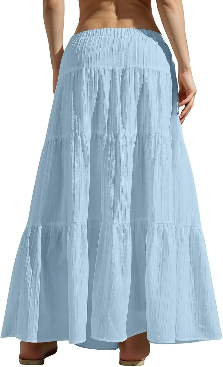 Linen Maxi Skirts for Women Summer Elastic High Waisted A-Line Long Skirt Flowy Tiered Ruffle Casual Boho Midi Skirts