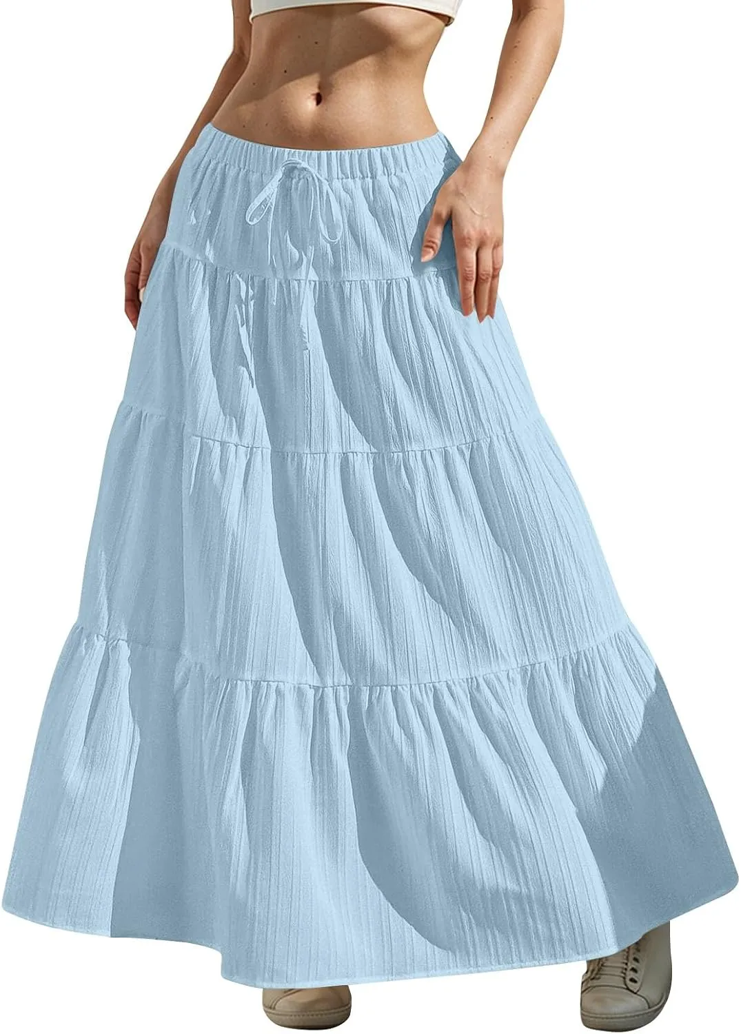 Linen Maxi Skirts for Women Summer Elastic High Waisted A-Line Long Skirt Flowy Tiered Ruffle Casual Boho Midi Skirts