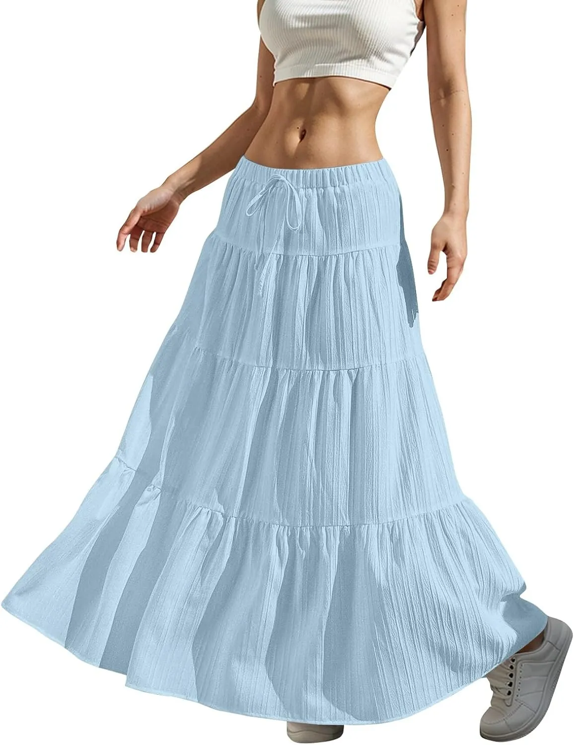 Linen Maxi Skirts for Women Summer Elastic High Waisted A-Line Long Skirt Flowy Tiered Ruffle Casual Boho Midi Skirts