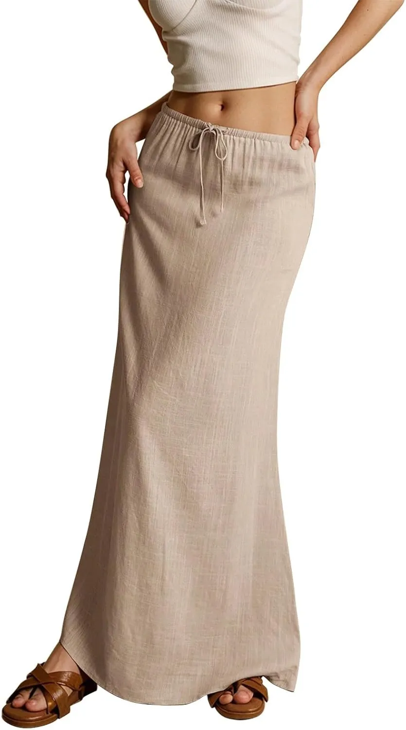 Linen Maxi Skirts for Women Trendy 2025 Casual Drawstring Low Waist Plain Skirts Boho Vacation Beach Skirts