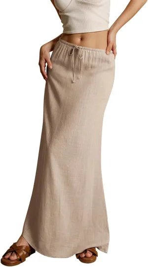 Linen Maxi Skirts for Women Trendy 2025 Casual Drawstring Low Waist Plain Skirts Boho Vacation Beach Skirts