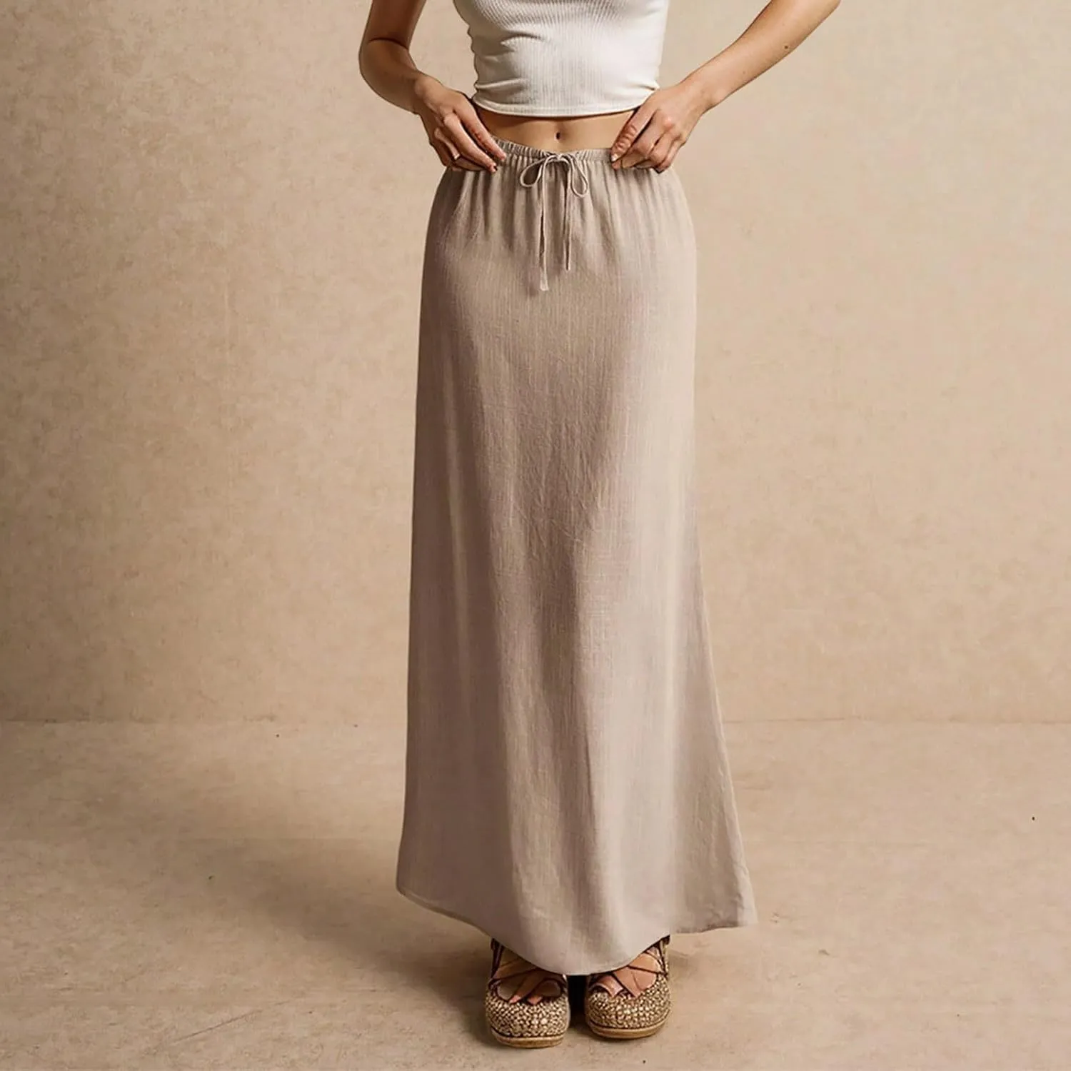 Linen Maxi Skirts for Women Trendy 2025 Casual Drawstring Low Waist Plain Skirts Boho Vacation Beach Skirts