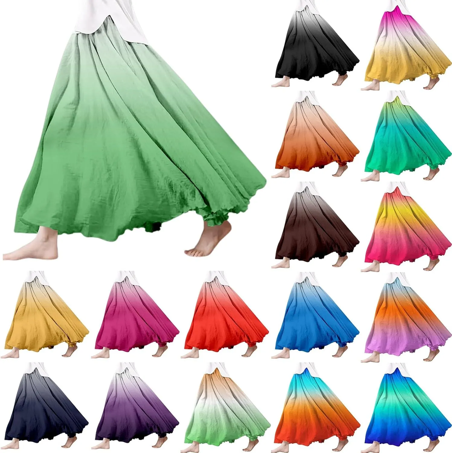 Linen Skirts for Women,Boho Maxi Skirts,Elastic Waist Long Skirt Double Layer Bohemian Beach A-Line Dress