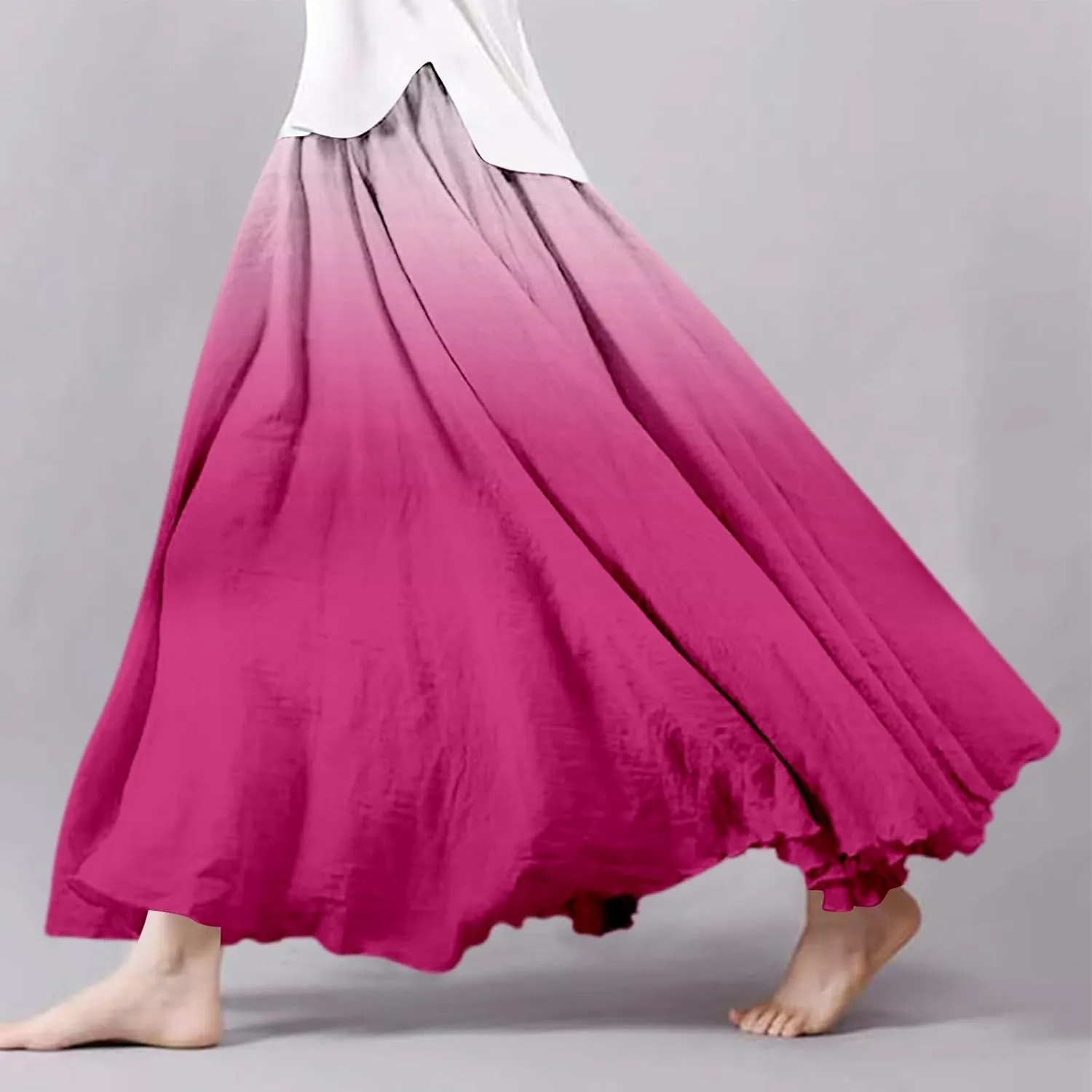 Linen Skirts for Women,Boho Maxi Skirts,Elastic Waist Long Skirt Double Layer Bohemian Beach A-Line Dress