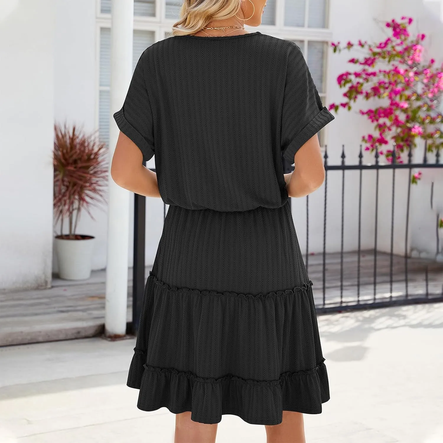 Lmdudan 2025 Women Summer Dresses Casual V-Neck Short Sleeve Dress Flowy Ruffle Hem A Line Dress Vacation Swing Mini Dress