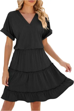 Lmdudan 2025 Women Summer Dresses Casual V-Neck Short Sleeve Dress Flowy Ruffle Hem A Line Dress Vacation Swing Mini Dress
