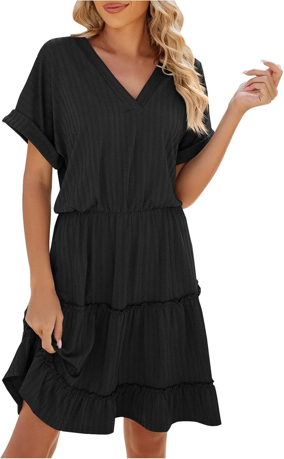 Lmdudan 2025 Women Summer Dresses Casual V-Neck Short Sleeve Dress Flowy Ruffle Hem A Line Dress Vacation Swing Mini Dress