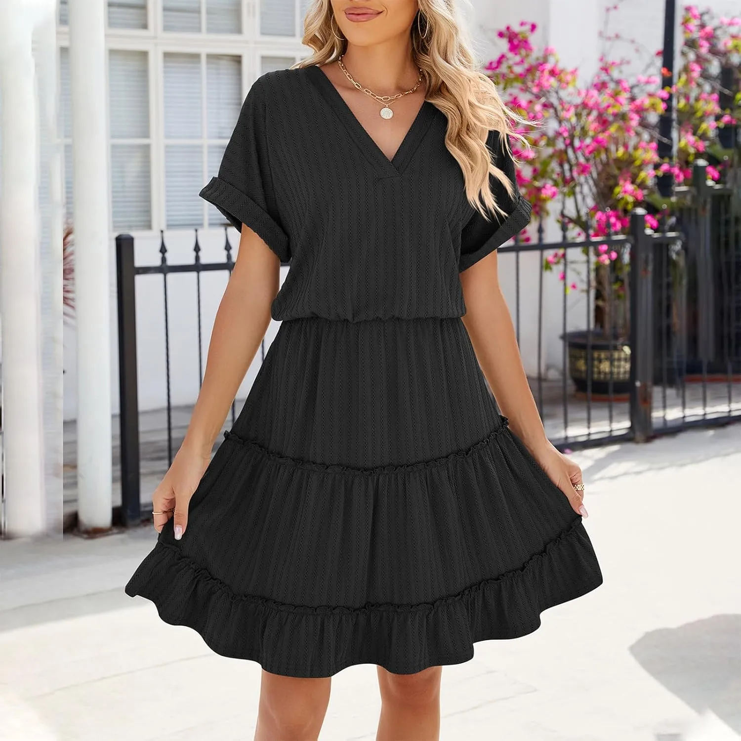 Lmdudan 2025 Women Summer Dresses Casual V-Neck Short Sleeve Dress Flowy Ruffle Hem A Line Dress Vacation Swing Mini Dress