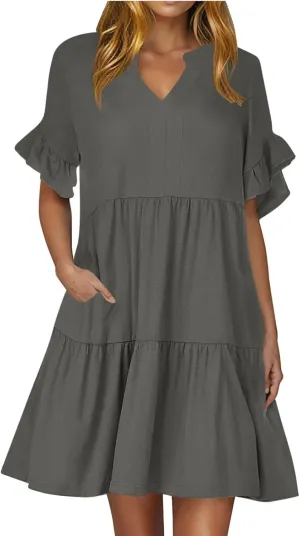 Lmdudan Dresses for Women Summer V Neck Ruffle Sleeve A Line Tiered Flowy Dresses Casual Trendy Mini Beach Dress with Pockets