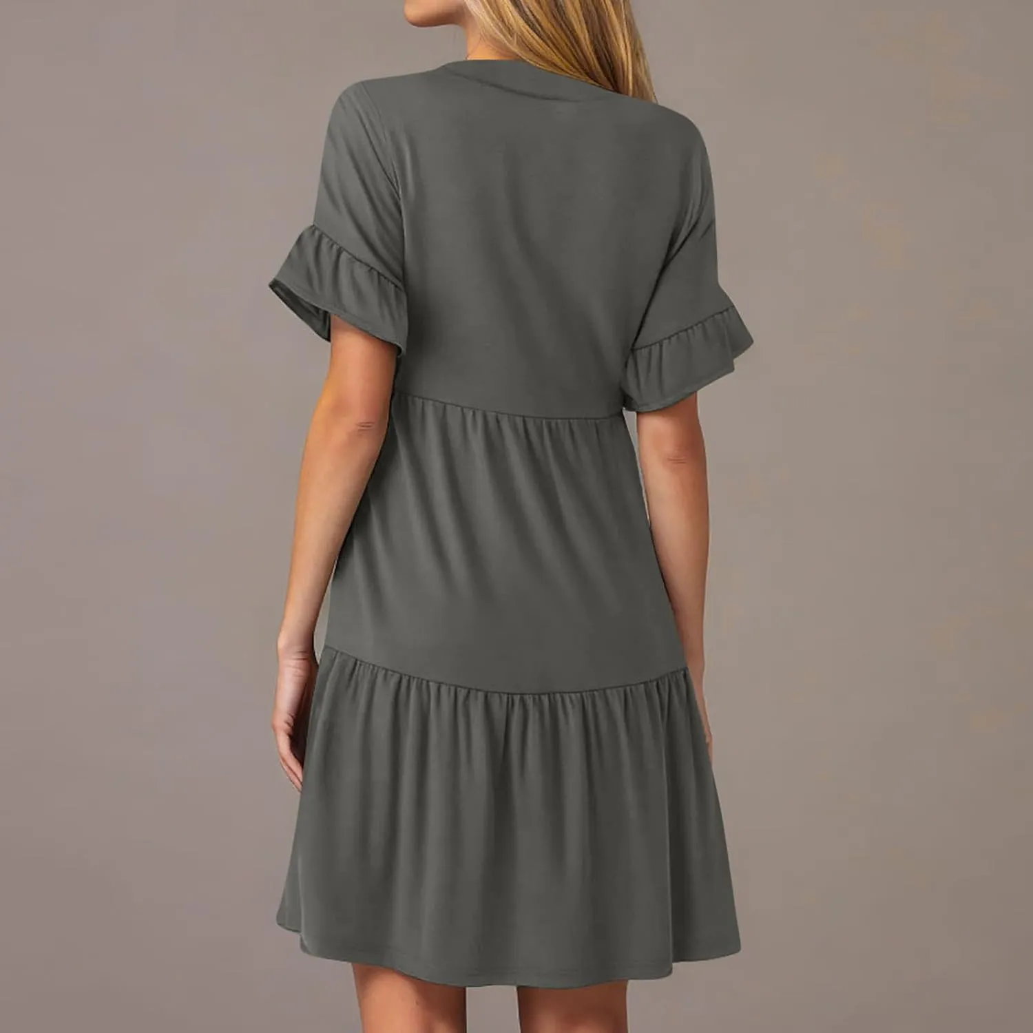 Lmdudan Dresses for Women Summer V Neck Ruffle Sleeve A Line Tiered Flowy Dresses Casual Trendy Mini Beach Dress with Pockets