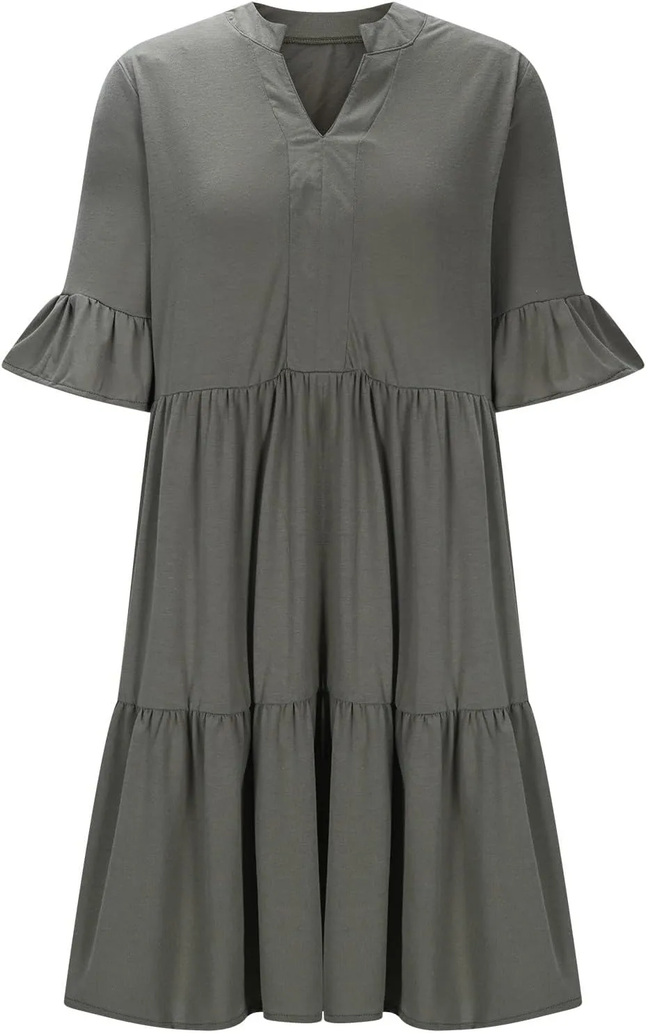 Lmdudan Dresses for Women Summer V Neck Ruffle Sleeve A Line Tiered Flowy Dresses Casual Trendy Mini Beach Dress with Pockets