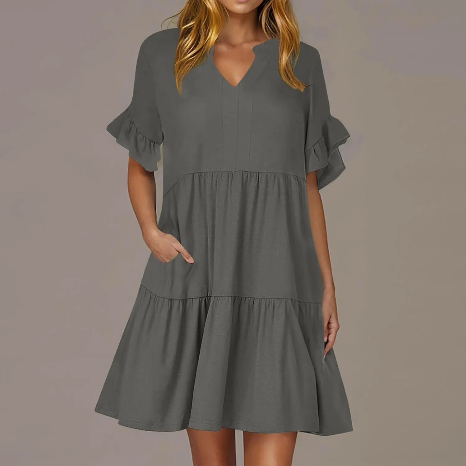 Lmdudan Dresses for Women Summer V Neck Ruffle Sleeve A Line Tiered Flowy Dresses Casual Trendy Mini Beach Dress with Pockets