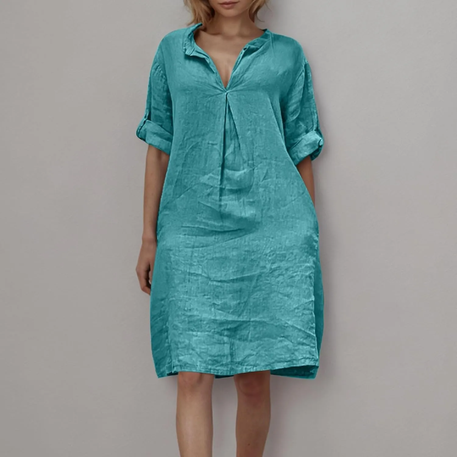Lmdudan Plus Size Women Cotton Linen Midi Dress V Neck Long Sleeve Summer Dresses Beach Vacation Casual Tunic Dress