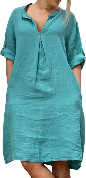 Lmdudan Plus Size Women Cotton Linen Midi Dress V Neck Long Sleeve Summer Dresses Beach Vacation Casual Tunic Dress
