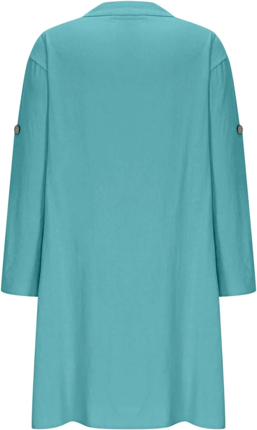 Lmdudan Plus Size Women Cotton Linen Midi Dress V Neck Long Sleeve Summer Dresses Beach Vacation Casual Tunic Dress