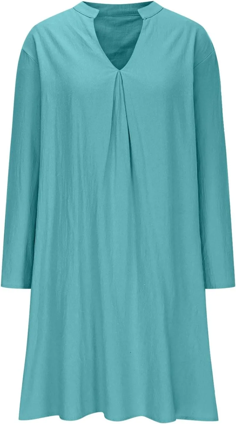 Lmdudan Plus Size Women Cotton Linen Midi Dress V Neck Long Sleeve Summer Dresses Beach Vacation Casual Tunic Dress