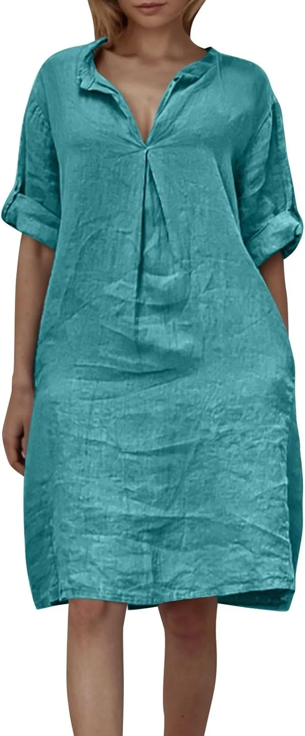 Lmdudan Plus Size Women Cotton Linen Midi Dress V Neck Long Sleeve Summer Dresses Beach Vacation Casual Tunic Dress