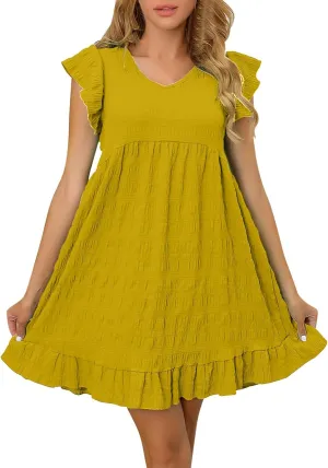 Lmdudan Summer Ruffle Cap Sleeve Mini Dress Women 2025 Spring Swing V Neck Vacation Beach Dress Cute Babydoll Short Sundress