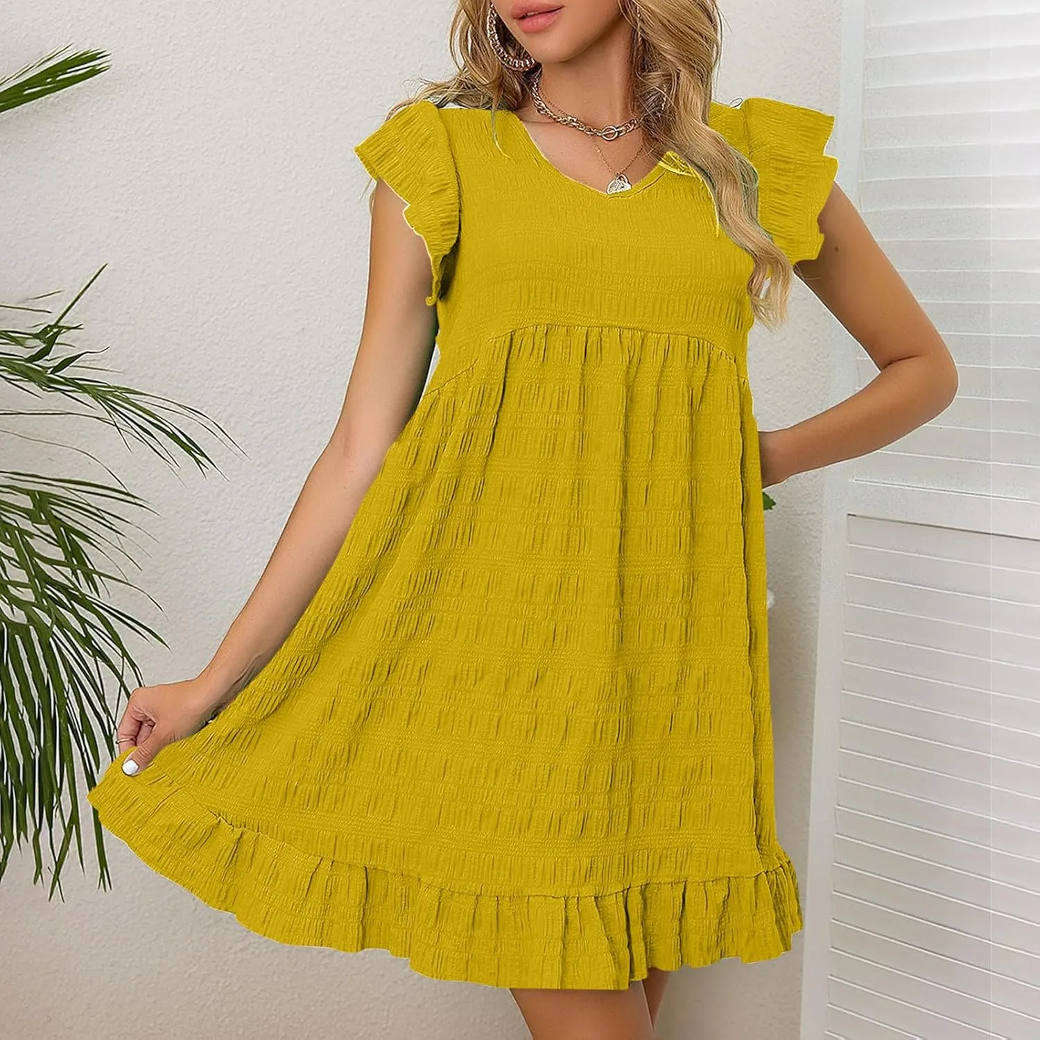 Lmdudan Summer Ruffle Cap Sleeve Mini Dress Women 2025 Spring Swing V Neck Vacation Beach Dress Cute Babydoll Short Sundress