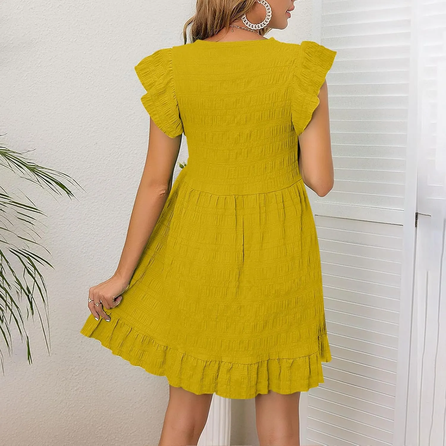 Lmdudan Summer Ruffle Cap Sleeve Mini Dress Women 2025 Spring Swing V Neck Vacation Beach Dress Cute Babydoll Short Sundress