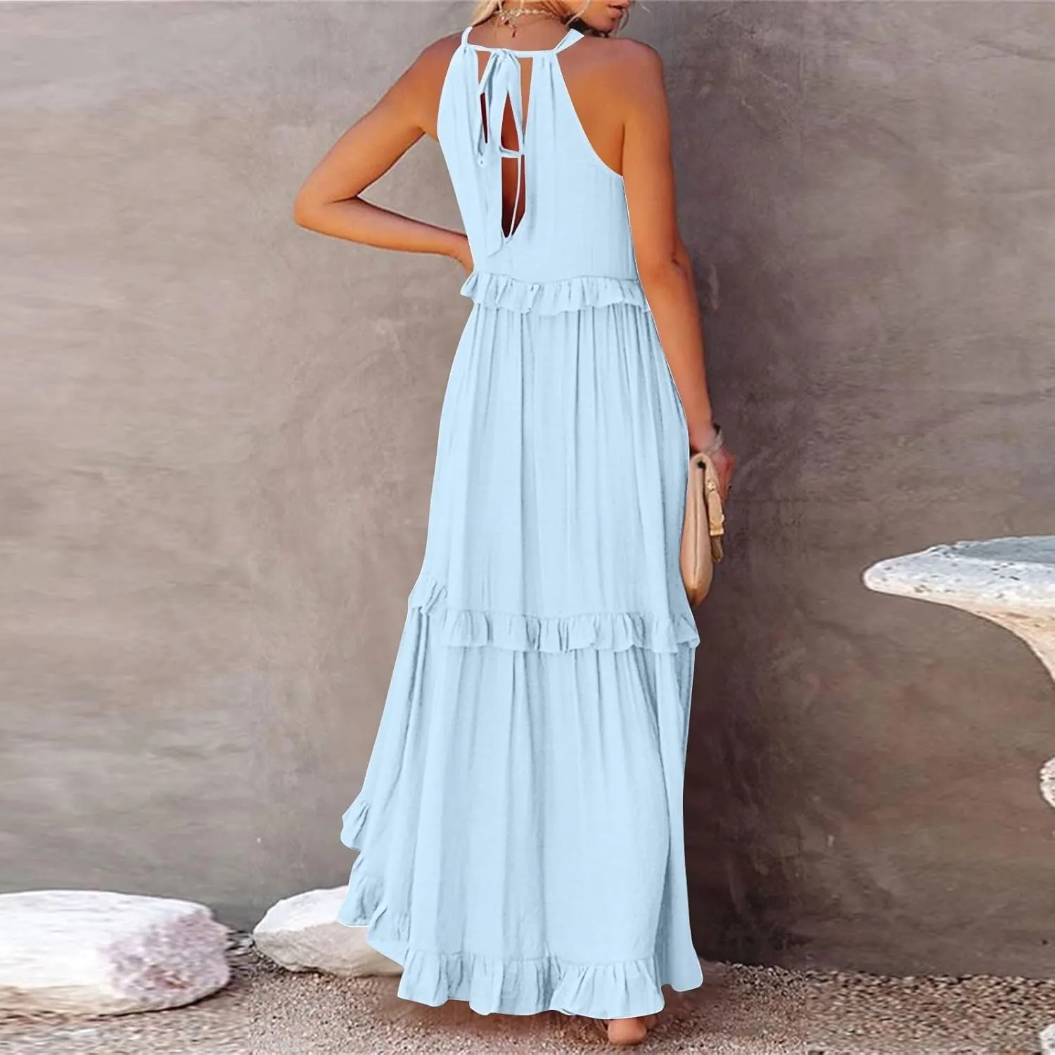 Long Dresses for Women Sleeveless Smocked Ruffle Halter Neck Maxi Dress Summer Tiered Flowy Swing A Line Sundresses