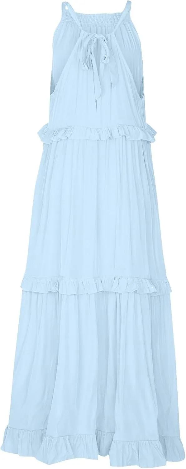 Long Dresses for Women Sleeveless Smocked Ruffle Halter Neck Maxi Dress Summer Tiered Flowy Swing A Line Sundresses