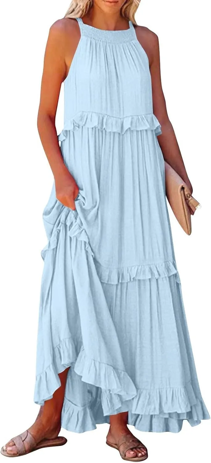 Long Dresses for Women Sleeveless Smocked Ruffle Halter Neck Maxi Dress Summer Tiered Flowy Swing A Line Sundresses