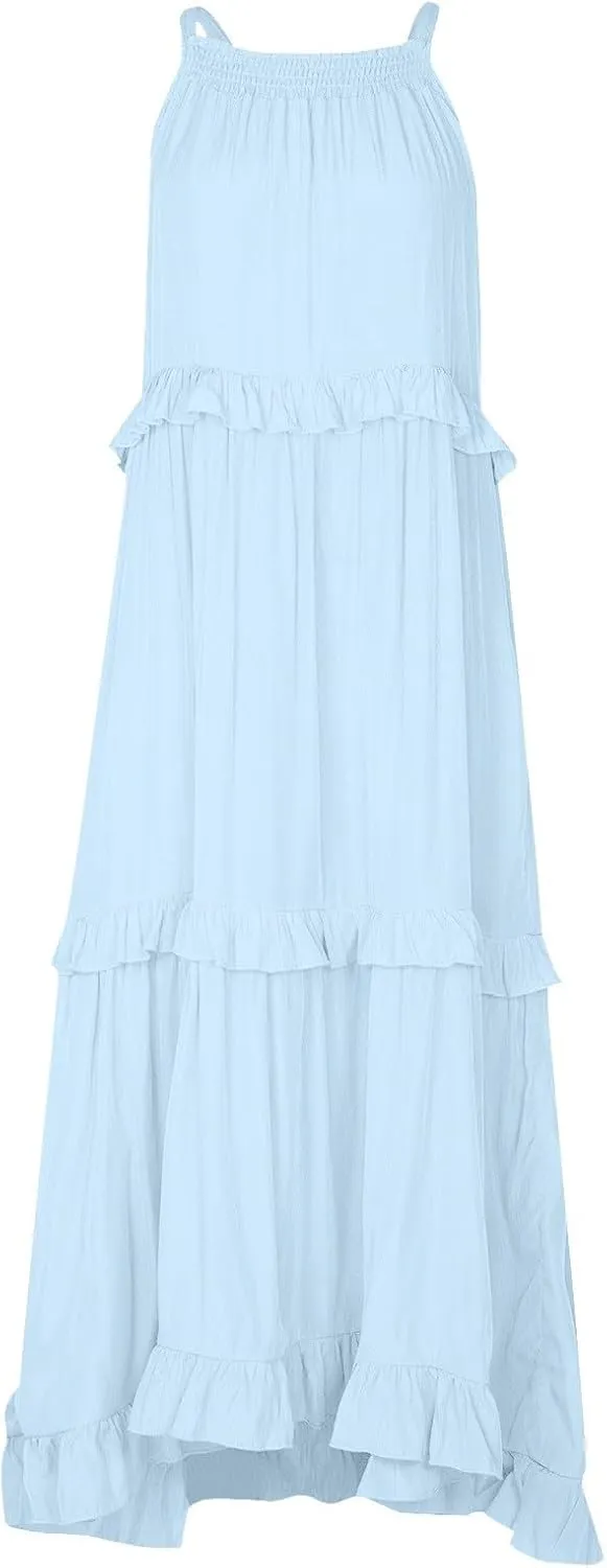 Long Dresses for Women Sleeveless Smocked Ruffle Halter Neck Maxi Dress Summer Tiered Flowy Swing A Line Sundresses